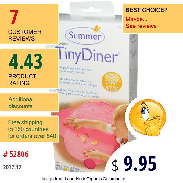 Summer Infant, The Original Tiny Diner, Portable Placemat, Pink, 1 Mat