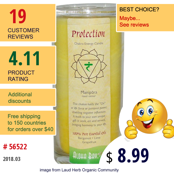 Aloha Bay, Chakra Energy Candle, Protection, Yellow, 11 Oz, 1 Candle