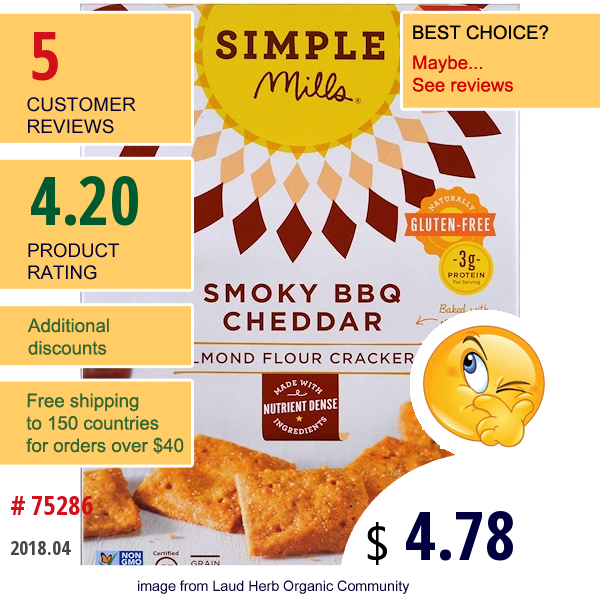 Simple Mills, Naturally Gluten-Free, Almond Flour Crackers, Smoky Bbq Cheddar , 4.25 Oz (120 G)