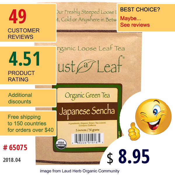 Just A Leaf Organic Tea, Loose Leaf, Green Tea, Japanese Sencha, 2 Oz (56 G)  
