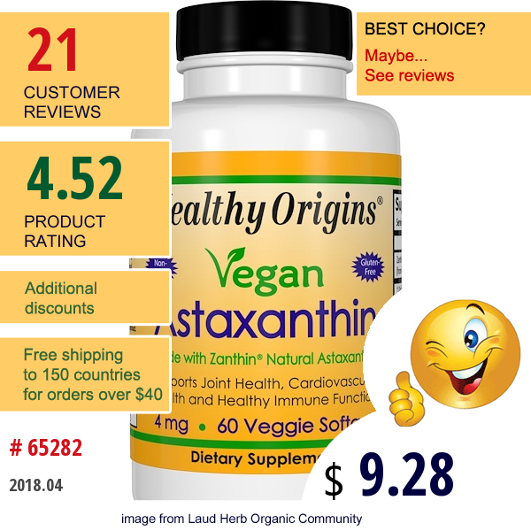 Healthy Origins, Vegan Astaxanthin, 4 Mg, 60 Veggie Softgels