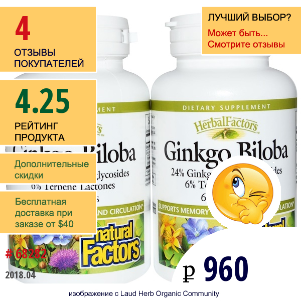 Natural Factors, Гинкго Билоба, Бонусная Упаковка, 2 Флакона, 60 Капсул  