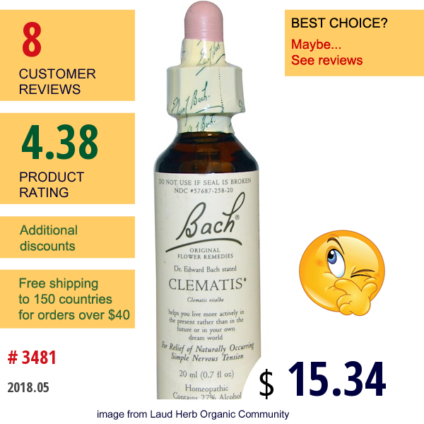 Bach, Original Flower Remedies, Clematis, 0.7 Fl Oz (20 Ml)  