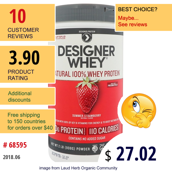 Designer Protein, Designer Whey, Natural 100% Whey Protein, Summer Strawberry, 2 Lbs (908 G)