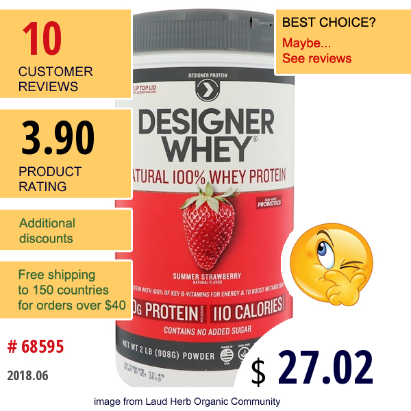 Designer Protein, Designer Whey, Natural 100% Whey Protein, Summer Strawberry, 2 Lbs (908 G) Designer Protein, Designer Whey, Natural 100% Whey Protein, Summer Strawberry, 2 Lbs (908 G)