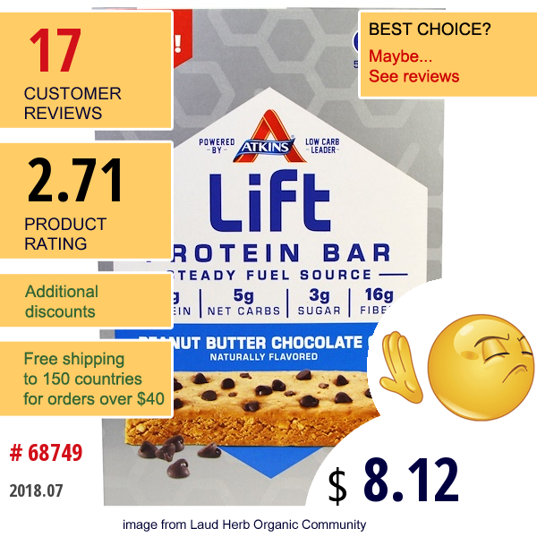 Atkins, Lift Protein Bar, Peanut Butter Chocolate Chip, 4 Bars, 2.1 Oz (60 G) Each  