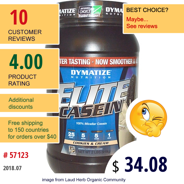 Dymatize Nutrition, Elite Casein, Cookies & Cream, 2 Lbs (918 G)  