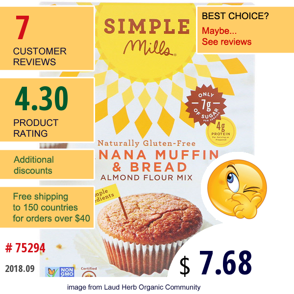 Simple Mills, Naturally Gluten-Free, Almond Flour Mix, Banana Muffin & Bread, 9 Oz (255 G)