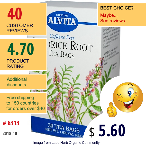 Alvita Teas, Licorice Root, Caffeine Free, 30 Tea Bags, 1.625 Oz (46 G)  
