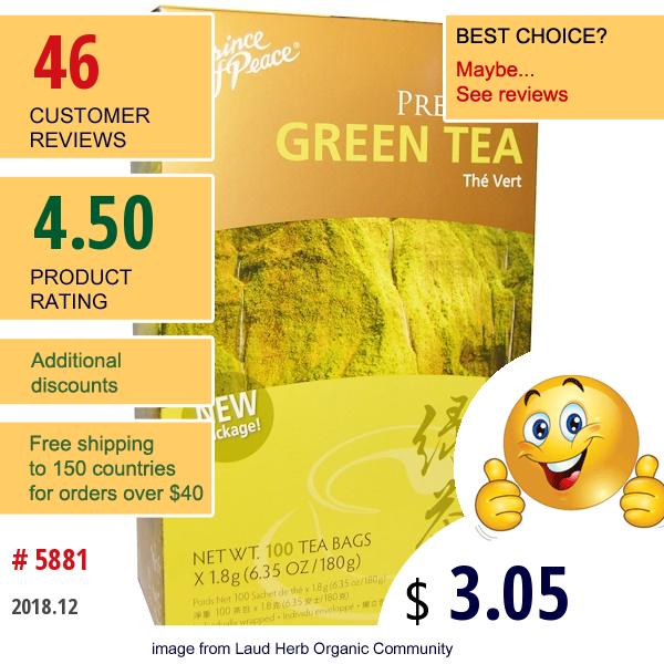 Prince Of Peace, Premium Green Tea, 100 Tea Bags, 1.8 G Each