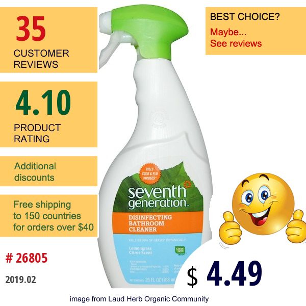 Seventh Generation, Disinfecting Bathroom Cleaner, Lemongrass Citrus Scent, 26 Fl Oz (768 Ml)  