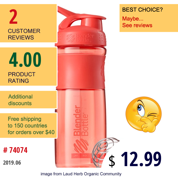 Blender Bottle, Blenderbottle, Sportmixer Tritan Grip, Coral, 28 Oz  