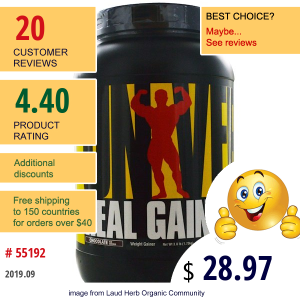 Universal Nutrition, Real Gains, Weight Gainer, Chocolate Ice Cream, 3.8 Lb (1.73 Kg)
