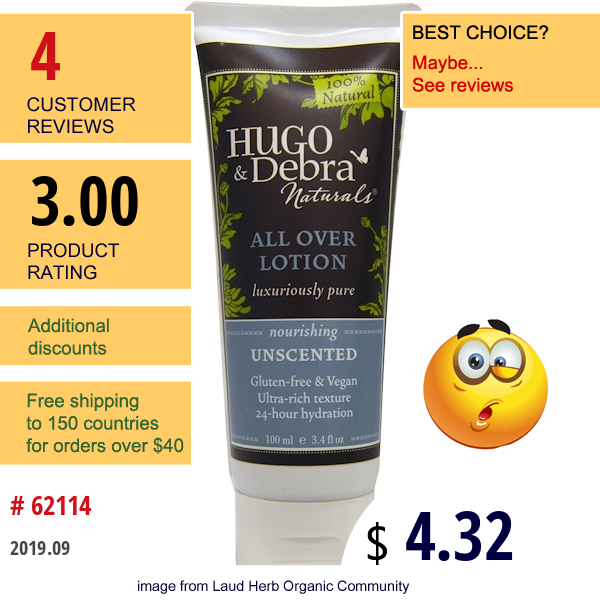 Hugo Naturals, All Over Lotion, Nourishing, Unscented, 3.4 Fl Oz (100 Ml)  