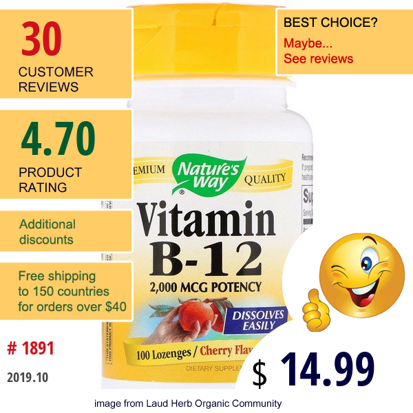 Nature'S Way, Vitamin B-12, Cherry Flavored, 2,000 Mcg, 100 Lozenges