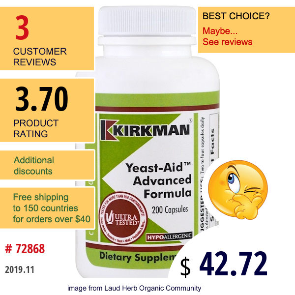 Kirkman Labs, Yeast-Aid Advanced Formula, 200 Capsules  