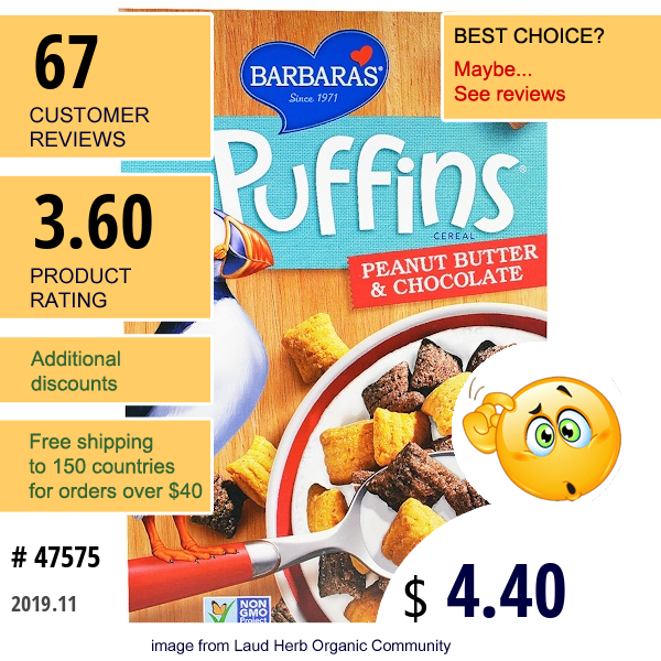 Barbara'S Bakery, Puffins Cereal, Peanut Butter & Chocolate, 10.5 Oz (298 G)  