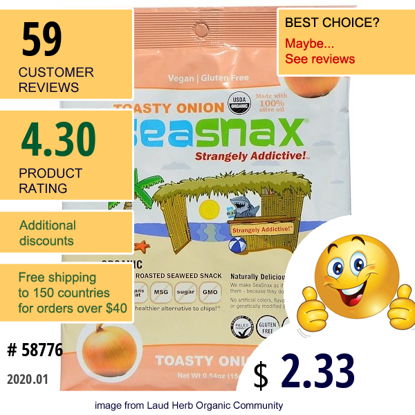 Seasnax, Organic Premium Roasted Seaweed Snack, Toasty Onion, 0.54 Oz (15 G)