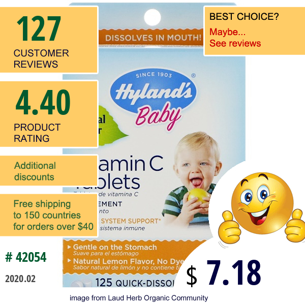 Hyland'S, Baby, Vitamin C Tablets, Natural Lemon Flavor, 125 Quick-Dissolving Tablets  