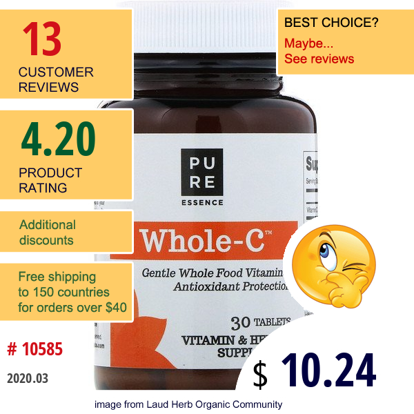 Pure Essence, Whole C, Whole Food Vitamin C, 30 Tablets