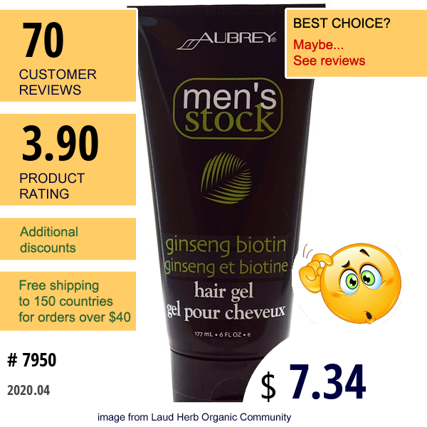 Aubrey Organics, Men'S Stock, Hair Gel, Ginseng Biotin, 6 Fl Oz (177 Ml)