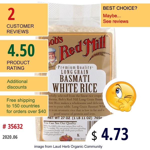 Bob'S Red Mill, Long Grain Basmati White Rice,  27 Oz (765 G)  