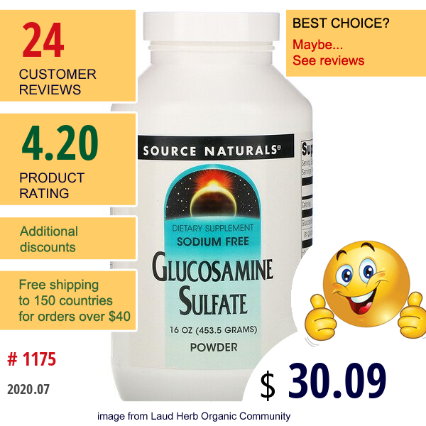 Source Naturals, Glucosamine Sulfate Powder, Sodium Free, 16 Oz (453.6 G)