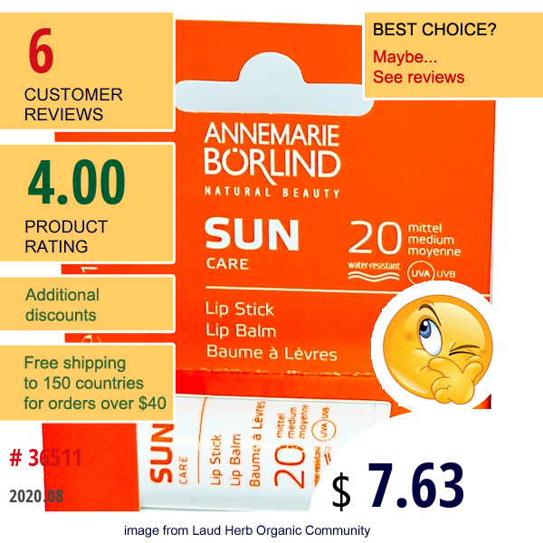 Annemarie Borlind, Sun Care, Lip Balm, Spf 20, 0.17 Oz (5 G)  
