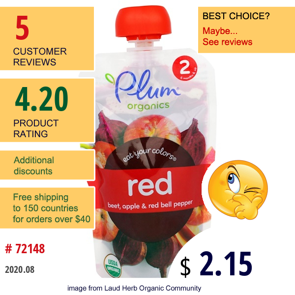 Plum Organics, Stage 2, Eat Your Colors, Red, Beet, Apple & Red Bell Pepper, 3.5 Oz (99 G)  