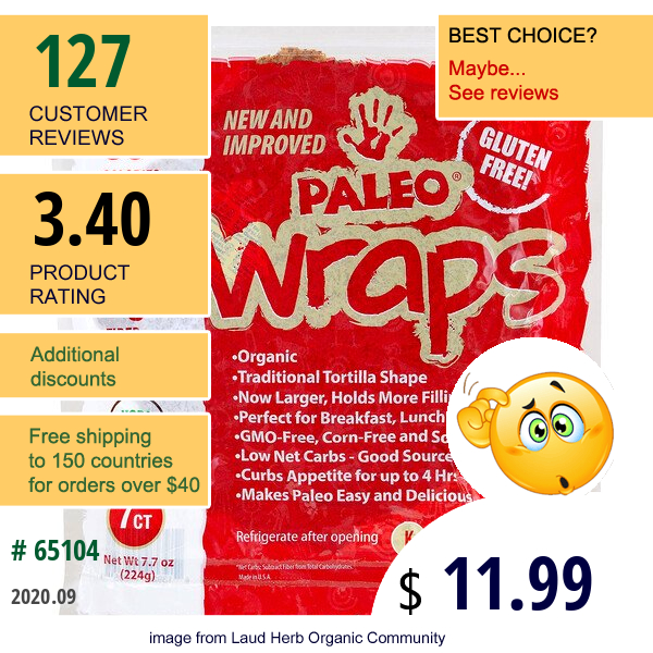 Julian Bakery, Organic Paleo Wraps, 7 Wraps, 7.7 Oz (224 G)