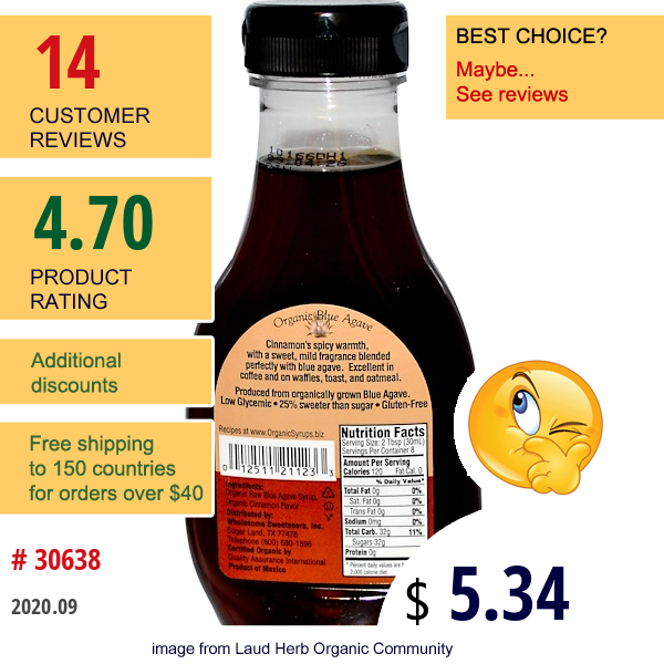 Wholesome, Organic Blue Agave Syrup, Cinnamon, 11.75 Oz (333 G)  