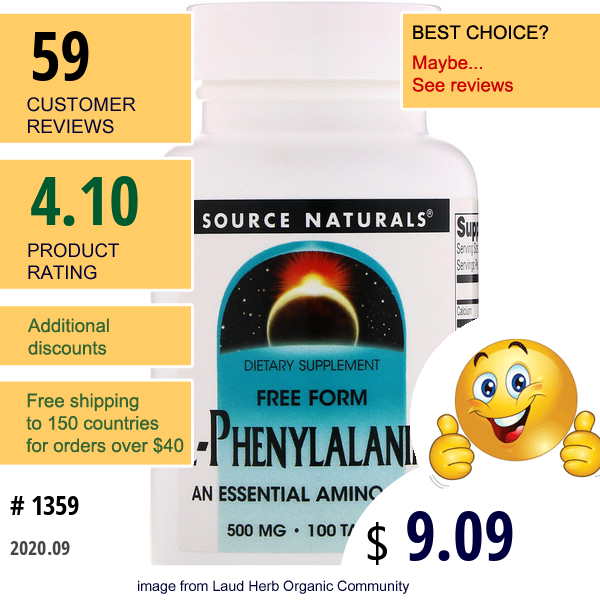 Source Naturals, L-Phenylalanine, 500 Mg, 100 Tablets