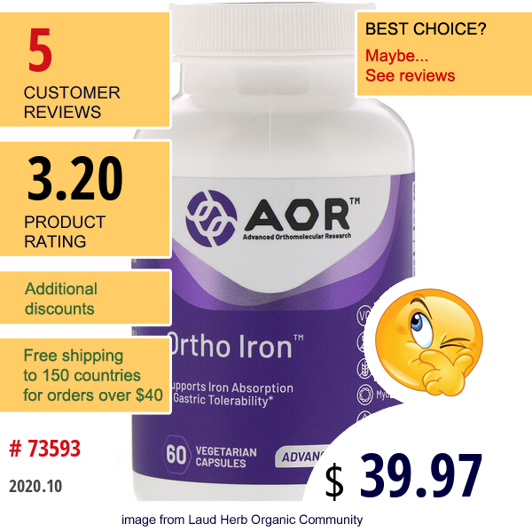 Advanced Orthomolecular Research Aor, Ortho Iron, 60 Vegetarian Capsules