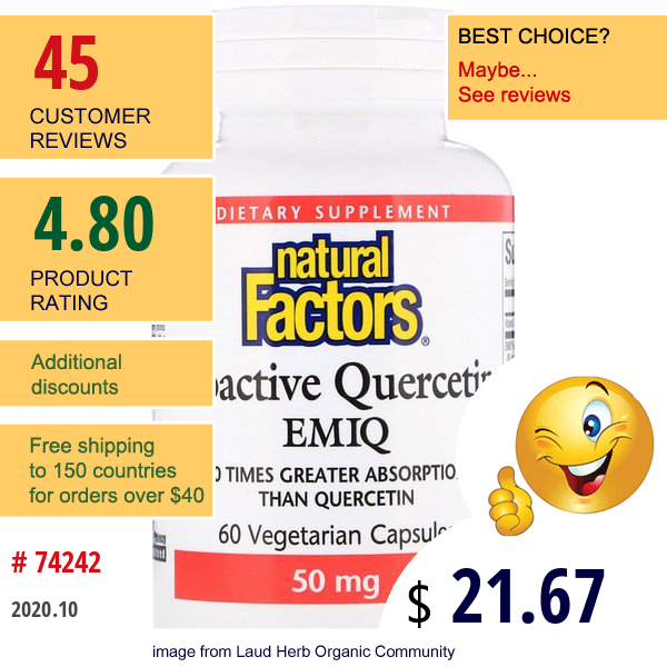 Natural Factors, Biaoctive Quercetin Emiq, 50 Mg, 60 Vegetarian Capsule