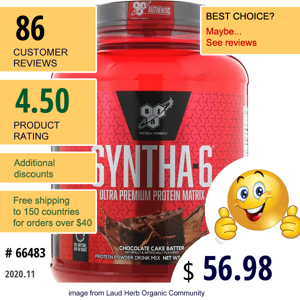 Bsn, Syntha 6, Ultra Premium Protein Matrix, Chocolate Cake Batter, 5 Lb (2.27 Kg)