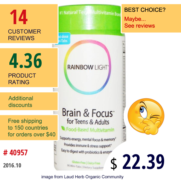 Rainbow Light, Brain & Focus For Teens & Adults, Food-Based Multivitamin, 90 Mini-Tabs