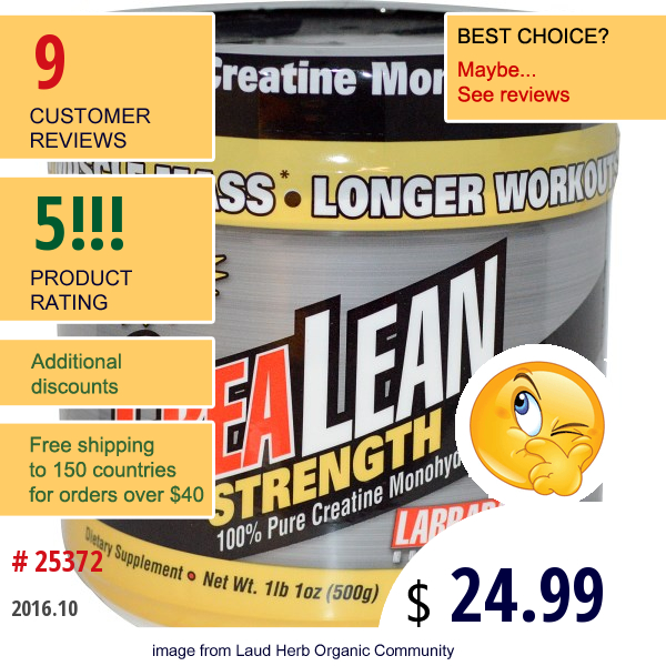 Labrada Nutrition, Crealean Strength, 100% Pure Creatine Monohydrate, 1 Lb 1 Oz (500 G)