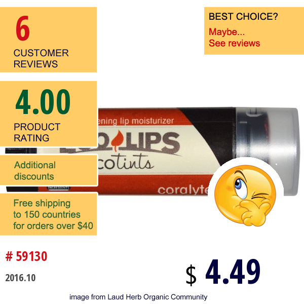 Eco Lips Inc., Ecotints, Lip Moisturizer, Coralyte, .15 Oz (4.25 G)