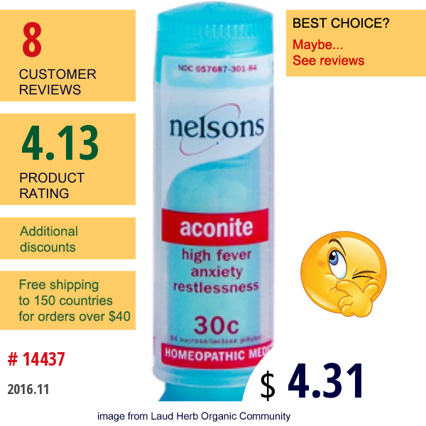 Nelson Bach Usa, Aconite, 30C, 84 Pillules  