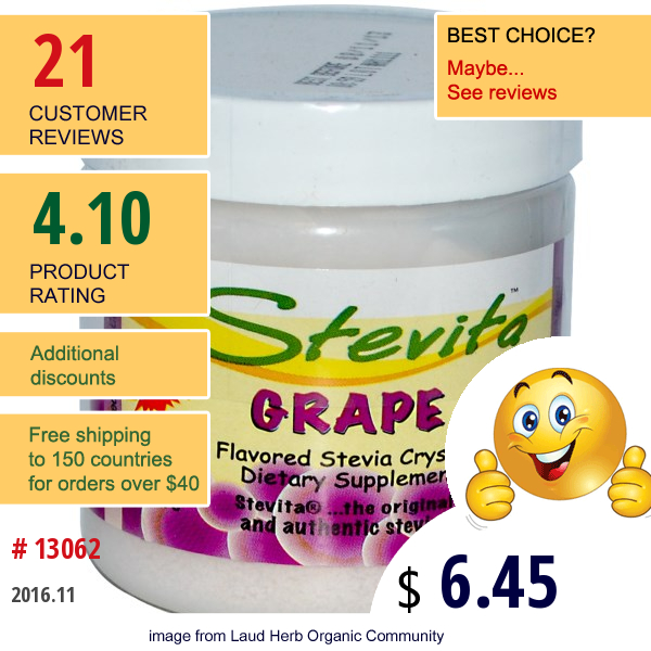 Stevita, Flavored Stevia Crystals, Grape, 2.8 Oz (80 G)  