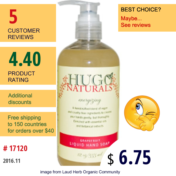 Hugo Naturals, Grapefruit Liquid Hand Soap, 12 Oz (355 Ml)  