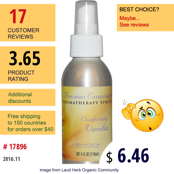 Aura Cacia, Precious Essentials, Aromatherapy Spritz, Comforting Vanilla, 4 Fl Oz (118 Ml)  