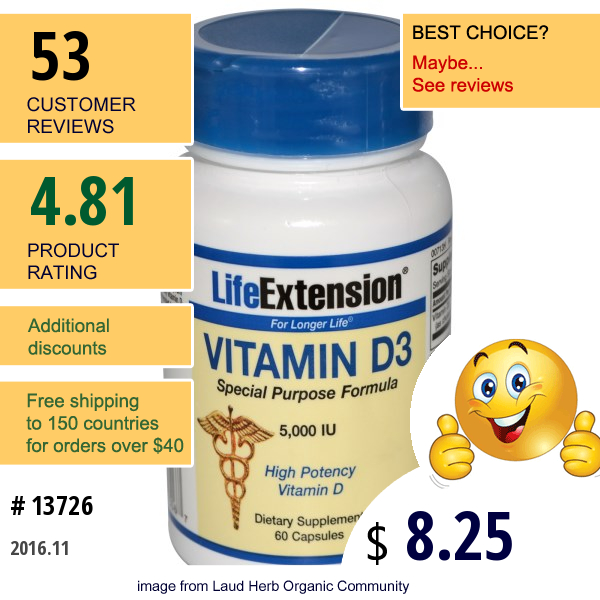 Life Extension, Vitamin D3, 5,000 Iu, 60 Capsules   