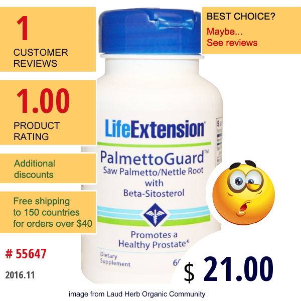 Life Extension, Palmettoguard Saw Palmetto/nettle Root With Beta-Sitosterol, 60 Softgels