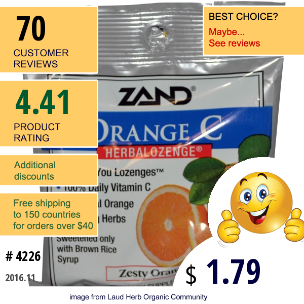 Zand, Orange C, Herbalozenge, Zesty Orange, 15 Lozenges