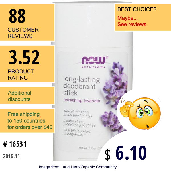 Now Foods, Solutions, Long-Lasting Deodorant Stick, Refreshing Lavender, 2.2 Oz (62 G)