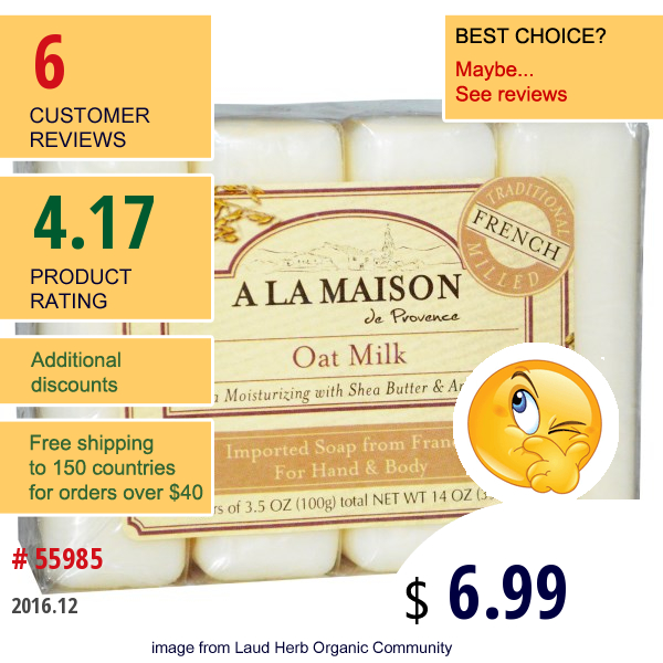 A La Maison De Provence, Hand & Body Bar Soap, Oat Milk, 4 Bars, 3.5 Oz (100 G) Each