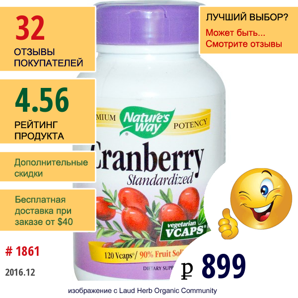 Natures Way, Клюква, Стандартизированный Концентрат, 120 Капсул