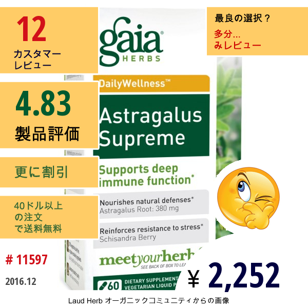 Gaia Herbs, デイリーウェルネス、 アストラガルス・スプリーム、 60植物性液体カプセル 