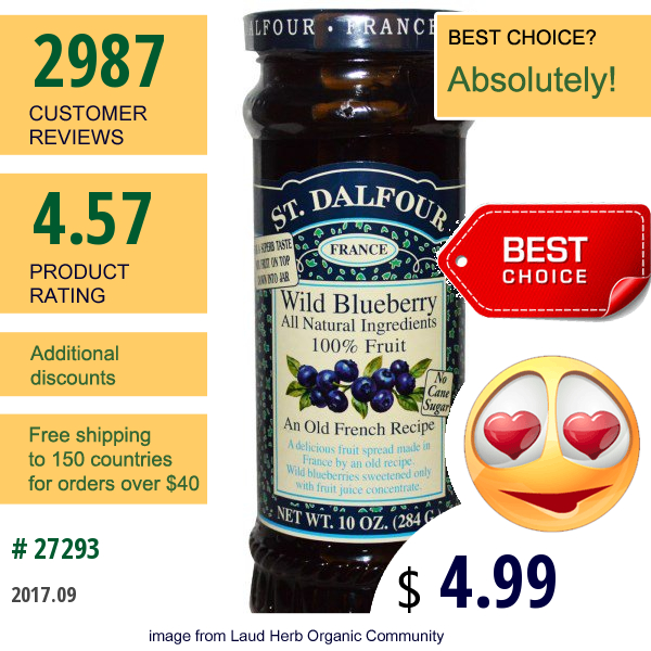 St. Dalfour, Wild Blueberry, Deluxe Wild Blueberry Spread, 10 Oz (284 G) 